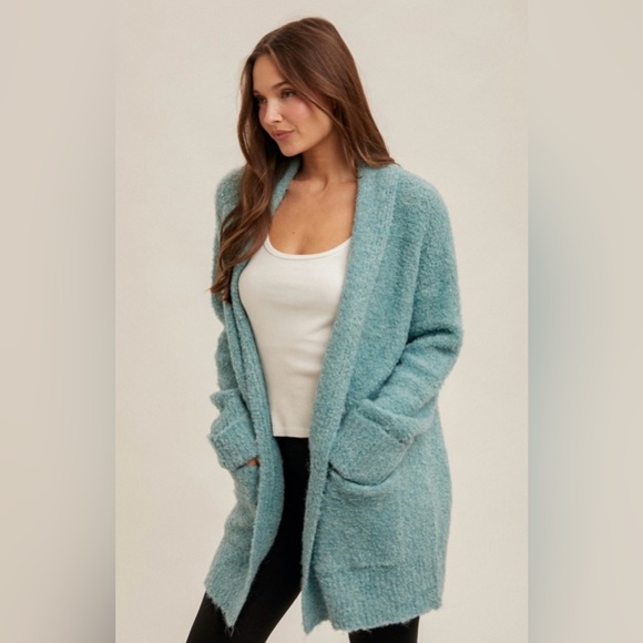 #33 Cozy Aqua Blue Open Front Cardigan - Picture 2 of 4